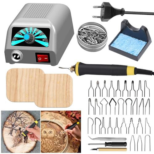 PORFOYO Brandmalstation, Brandmalerei Set, Brandmalkolben, Bastelset Lötstation Lötkolben Set, Einstellbare Temperatur 100℃ - 800 ℃ Brennkolben mit 30tlg Lötspitzen für Holz, Leder und Kork DIY