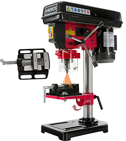 Arebos Tischbohrmaschine | Säulenbohrmaschine | mit integriertem Positionslaser | 500 W | inkl. 13 mm Zahnkranzbohrfutter und Schraubstock | 5 Geschwindigkeitsstufen | 0 – 45 Grad Neigungswinkel