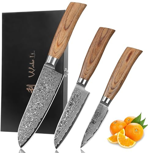 Wakoli 3er Damastmesser-Set mit VG10-Stahlkern und Pakkaholzgriffen | EDIB Pro: Küchenmesserset aus 67 Lagen Damaststahl mit großem und kleinem Santoku sowie Officemesser, in einer Holzbox.