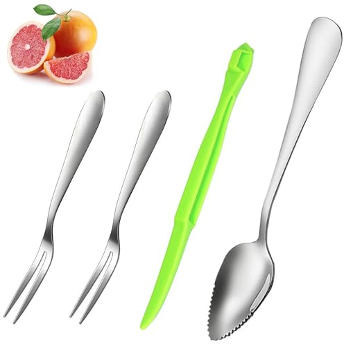 Grapefruit Löffel 4-Teiliges Set, Grapefruitlöffel Edelstahl, Kiwi Löffel mit Orangenschäler-Werkzeug und Fruchtgabel, Dessertlöffel, Grapefruit-Utensilenset für Kiwi, äpfel, Grapefruits