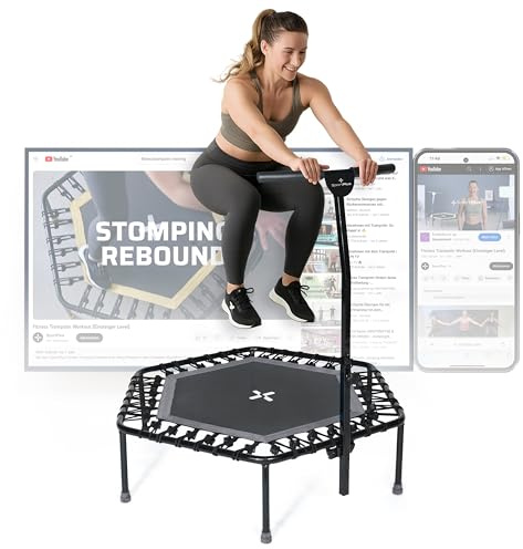 SportPlus Fitness Trampolin Indoor für Zuhause, Trampolin mit Haltestange höhenverstellbar, Gummiseilfederung, Workout & Cardiotraining, Premium-Qualität Designed in Germany 130kg