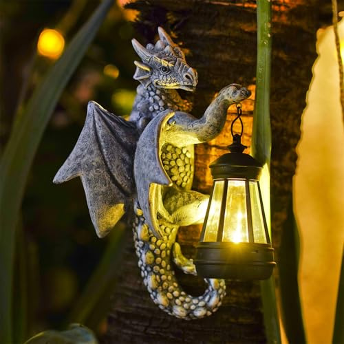 Yeomoo Solar Drache Figur mit Solarlampen, Gartendeko & Baum Wand Deko | Drachen Gartenfiguren mit LED Laterne - Geschenke für Männer/Frauen - Wetterfeste Fantasy-Deko Garten Zaun Baum Zubehör Grau