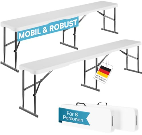 STEELSØN Zennar Klappbank 2er Set – Gartenbank wetterfest – Bierzeltbank aus Kunststoff weiß – Partybank für Garten, Terrasse & Balkon – Campingbank für 8 Personen – klappbare Sitzbank mit Tragegriff