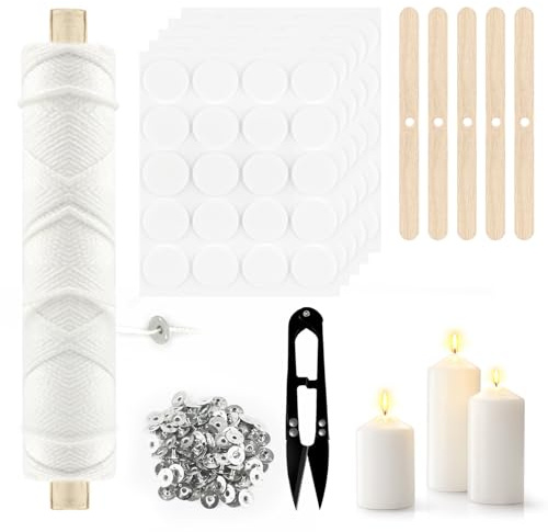 6100cm Kerzendocht, Rauchfrei Dochte für Kerzen Kerzendochte für Kerzen Set | 100 Stück Dochthalter Schere, Aufkleber, Kerzen Selber Machen Set für Weihnachtsdeko, Hochzeiten, DIY Kerzenherstellung