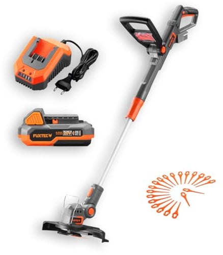 FUXTEC 20V Akku-Rasentrimmer FX-E1RT20 – Leicht (2,2 kg), 25 cm Schnittbreite, inkl. 2Ah Li-Ionen Akku & Ladegerät - Teleskopverlängerung, drehbarer Kopf für präzise Rasenkanten, kabelloses Trimmen