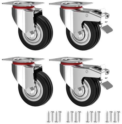 RAVN HAMAN 4er Set Transportrollen 100 mm - Schwerlastrollen mit Bremse bis 70 kg pro Rad - Lenkrollen für innen und außen - Industrierollen aus Vollgummi - Lautlose Gummirollen