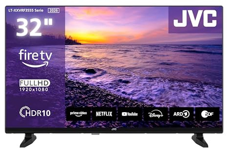 JVC LT-32VRF3555 Fernseher 32 Zoll Fire TV mit Full HD Auflösung Smart TV | HDR | 2x HDMI | 1x USB | Bluetooth | Alexa Sprachsteuerung | Apple AirPlay | Triple-Tuner DVB-C/-S2/-T2 | Modelljahr 2026