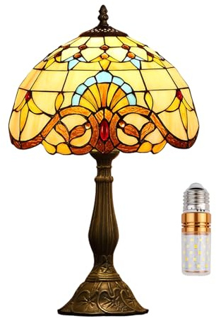 Kinbolas Tiffany Lampe 12  Tiffany Tischlampe Stained Glass Lamp (12-B1) | E27-Leuchtmittel mit 3 Lichtfarben Wohnzimmer Schlafzimmer Büro Vintage Jugendstil Art Deco Barock Heimdekoration Geschenk