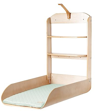 roba Wandwickelregal - Klappbares Wickelregal aus Holz natur + Wickelauflage roba Style Frosty green - Wandwickeltisch mit 2 Ablagefächern & gebogenen Seiten