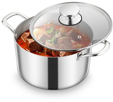 Homikit Kochtopf 24cm, 5,3L Groß Suppentopf Induktion aus 3-Lagen Edelstahl für alle Herdearten, Edelstahl Poliert Nudeltopf Fleischtopf mit Glasdeckel, Spülmaschinenfest