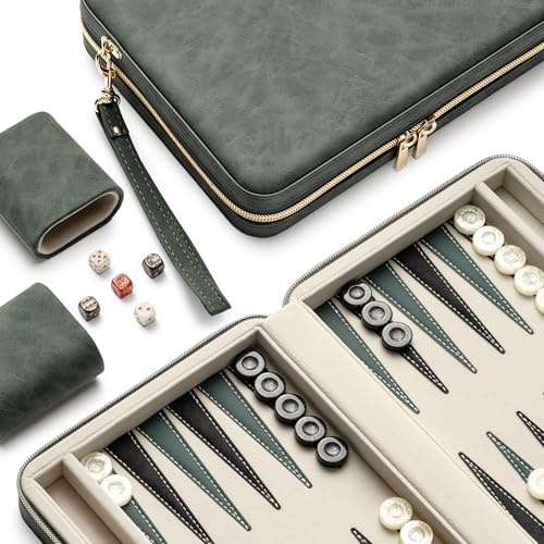 Backgammon-Sets für Erwachsene, klassisches Brettspiel mit faltbarem Kunstleder Backgammonetui, tragbares Reise-Backgammon-Set, inklusive 30 künstlichen Horn-Checkern (Green)