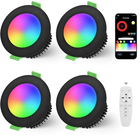 YindaLux Bluetooth LED Einbaustrahler Dimmbar 230V RGB 2700K-6500K 65-80mm | 5W 500LM Deckenspots IP44 Möbeleinbauleuchte mit App & Fernbedienung LED Spots Warm bis Kaltweiss für Wohnzimmer 4er Schwarz