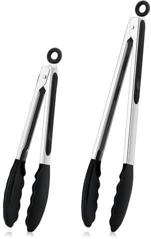 TEAMFAR Küchenzange, 2 Stück Edelstahl Grillzange Nudelzange Set, Hitzebeständig Kochzange mit Antihaft Silikonspitze, 30,3cm & 23,7cm Fleischzange zum Kochen & Grillen, Spülmaschinenfest - Schwarz