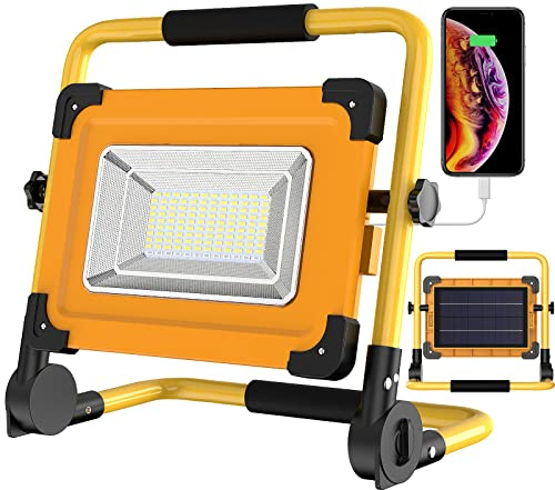 LED Baustrahler Akku, 120 LED Tragbare Arbeitsleuchte | Solar USB Wiederaufladbar, 4 Modi 6000K, Wasserdicht Outdoor Flutlicht, 14000mAH Powerbank, Für Garage, Werkstatt