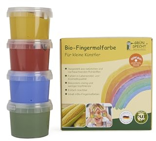 Grünspecht Bio-Fingermalfarbe, Fingerfarben Set für Kinder, 4 Farben aus natürlichen Rohstoffen, cremig, gelb, rot, grün, blau (691-00)