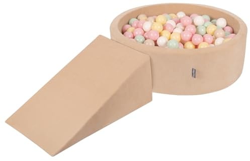 KiddyMoon Spielplatz Velvet Aus Schaumstoff Rund Bällebad Bällebad (100 Bälle) + Zwickel Ballgruben Babys Spielbad, Sandbeige:Pastellbeige/Pastellgelb/Weiß/Minze/Puderrosa