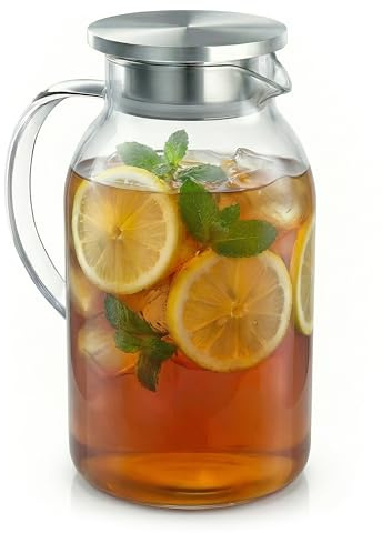 Arendo - 2.3L Glaskaraffe mit Deckel aus Edelstahl – Karaffe aus Glas - hitzebeständig bis +150°C – 2 Liter – Wasserkaraffe Hitze- und kältebeständig