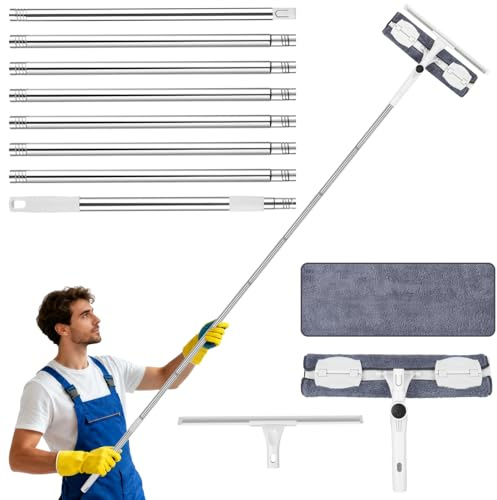 420 cm Fensterputzer Teleskop, Fensterputzer Set, 2 In 1 Teleskop Fensterwischer, mit 40 cm Squeegee, Fensterwischer mit Teleskopstiel, mit 2 Mikrofasertuchbürsten,für Hohe Fenster, Wände, Autoglas