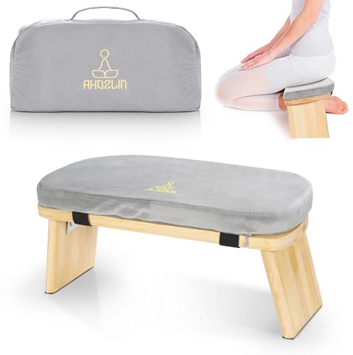 IPEB Meditationsbank Klappbar, Ergonomischer Bambus Yoga Hocker, Meditationshocker mit Kissen, Tragbarer Meditationsstuhl mit Tragetasche zum Knien, Gebet, Fortgeschrittene Praxis (Grey)