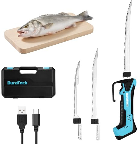 DURATECH Elektromesser Akku Filetiermesser, Kabelloses Fischmesser, 12V Elektrisches Messer Fischfiletiermesser mit 2 Edelstahlklingen, Rutschfestem Griff und Aufbewahrungsbox zum Filetieren von Fisch