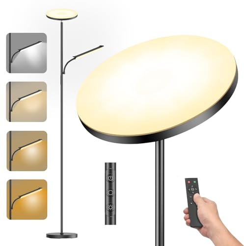 42W Deckenfluter Stehlampe Wohnzimmer mit Fernbedienung Schwarz 175cm | Mit Leselampe Dimmbar 4200LM 2700K-6500K Farbtemperatu Timing-Funktion Fernbedienung & Touch-Steuerung für Schlafzimmer Büro