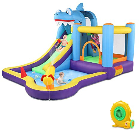 LALAHO Hüpfburg mit Gebläse, Aufblasbarer Wasserpark mit Trampolin, Rutsche, Planschbecken, Kletterwand, Wasserpistole, Geeignet für 3 Kinder von 3 bis 10 Jahren, 380 x 260 x 240 cm