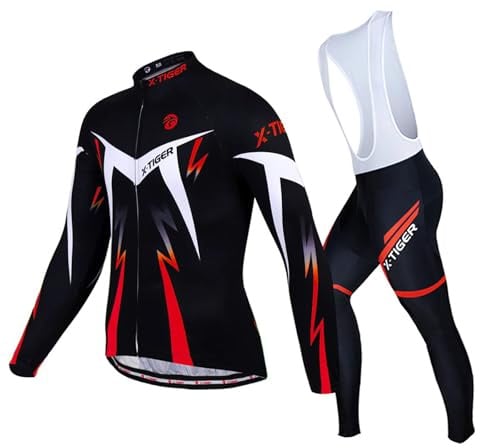 X-TIGER Herren Langarm Radtrikot Set Winter Radsportanzüge mit 5D Gel Gepolsterten Trägerhosen