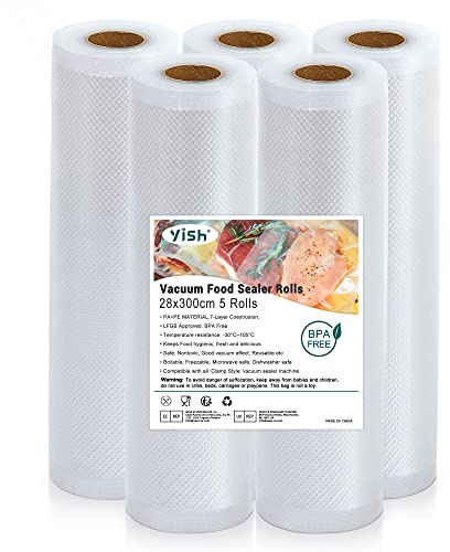 YISH Vakuumierbeutel Vakuumbeutel-Lebensmittel Vakumierfolienrollen Vakuumierfolie Vakumierbeutel：Vakuumrollen Folienrollen für Vakuumierer Sous Vide Beutel BPA Frei Vakuumrollen 5 Rolls 28x300cm