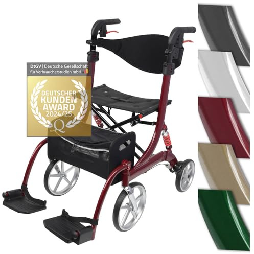 Besco Medical 2 in 1 Rollator-Rollstuhl SPRING VARIO - Modell S Bordeauxrot | Leichtgewicht Rollator mit Rollstuhlfunktion & Komfort-Federung - faltbar, höhenverstellbar & umbaubar zum Transportstuhl