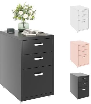 FLEXISPOT Rollcontainer Büroschrank mit 3 Schubladen, Aktenschrank Metallschrank Kommode mit Rädern, Schreibtisch Unterschrank für Zuhause und Büro (Schwarz)