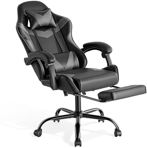 Sweetcrispy Gaming Stuhl, Gaming Chair mit Fußstütze Kopfstütze Lendenwirbelstütze, Ergonomischer PC Stuhl, Höhenverstellbarer Bürostuhl Computerstuhl,Drehbarer Schreibtischstuhl, Modernes Grau