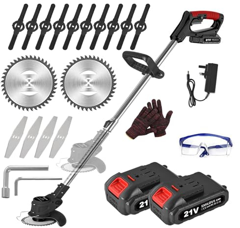 SMILOVII Rasentrimmer mit Akku 21V – 2X 2,0Ah Akku, 8500 U/min, 3-in-1 Freischneider inkl. 16-teiliges Klingen-Set, Teleskopstiel als Kantenschneider für Rasen, Rasenkanten & Unkraut