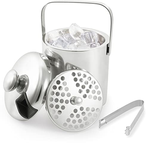 LONCWO Eiswürfelbehälter mit Deckel und Zange, 1,3L Edelstahl Eiskübel, Doppelwandig Isoliert Eiseimer für Eiswürfel, Eisbehälter für Eiswürfel Aufbewahrung, Eiskühler, Silber