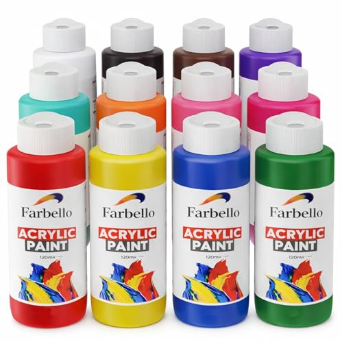 Farbello Acrylfarben Set 12x120 ml – Hochpigmentierte Acrylfarbe, Wasserbasiert & Wasserfest – Große Künstlerfarben für Leinwand, Holz, Stoff & Stein (12 Farben)