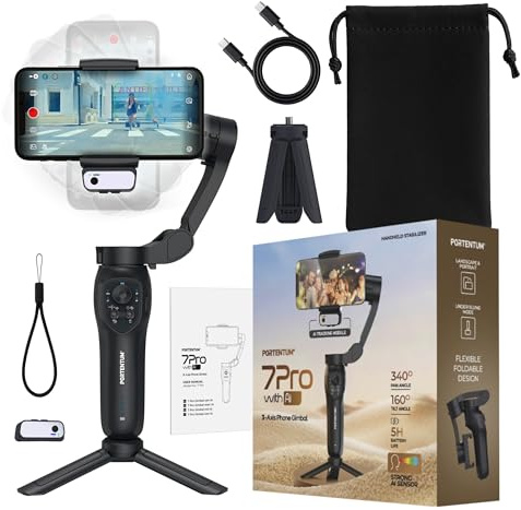 PORTENTUM 7 Pro Gimbal Smartphone mit unabhängigem AI-Tracking-Modul – 3-Achsen Handy Stabilisator – faltbar mit Stativ – optionale App – kompatibel mit iPhone und Android – Vlog YouTube TikTok