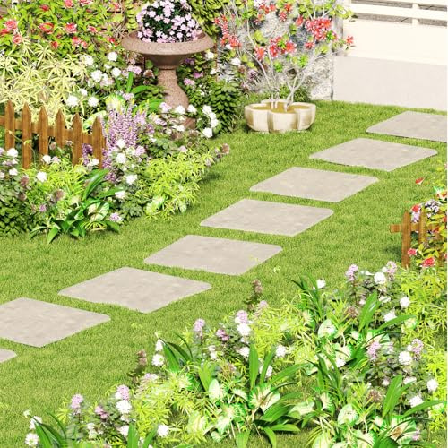 GIANTEX Trittsteine für Garten, 8 stück, Gehwegplatten 39,5 x 39,5 cm, Steinplatten Garten, Trittplatten Gartenplatten Gehwegplatten Kunststoff, Betonplatten Beetplatten mit 32 Erdspießen, Beige