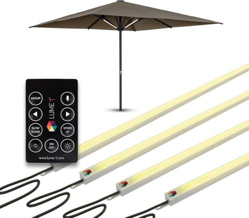 Lume1 Sonnenschirmbeleuchtung mit Fernbedienung, Lampen für Gastronomie, 4 LED Leisten, warmweiß mit 1000 Lumen, 2700 Kelvin, angenehme Beleuchtung, Akku enthalten (smart 4er Set Modell 2026)