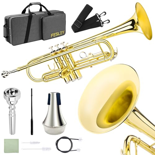 Fesley Bb Standard Trompete Set: Messing Trompeten für Anfänger Schüler, Messing Trompeteninstrument mit 7C Mundstück, Hartschalenkoffer, Reinigungsset (Golden)