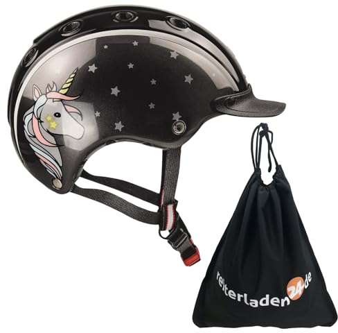RL24 - Casco Kinder Reithelm Nori Einhorn inkl. Putzschwamm – Mädchen & Jungen Reitkappe – Helm zum Reiten, Fahrrad- & Skifahren – Reiterhelm in Schwarz/Grau – Gr. S (52-56 cm)