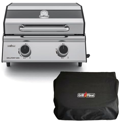 Grillfürst Camping Gasgrill G201E 50 mbar - 2-Brenner Edelstahl Balkon Gasgrill mit Sichtscheibe, Kleiner Outdoor Tisch-Gasgrill, doppelwandiger Gas Griller mit Druckregler, inkl. Haube
