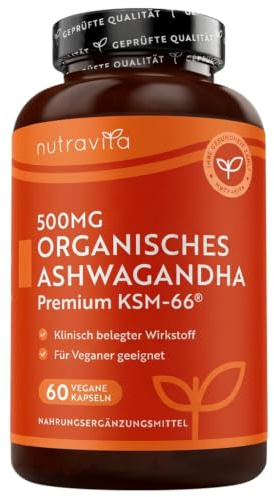 Nutravita Bio Ashwagandha KSM-66-60 Bio Ashwagandha Kapseln Hochdosiert | 500 mg Pulver pro Kapsel - KSM66 Withanolide - Reines Ashwaganda Extrakt ohne Zusätze - Vegan