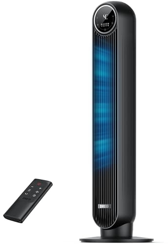 DREO Leiser Turmventilator, 10 m Wurfweite 4 Geschwindigstufen 4 Modi 8 Std. Timer 90° oszillierende Ventilator mit Kühlung Fernbedienung für Schlafzimmer,Turmventilator 307, Schwarz