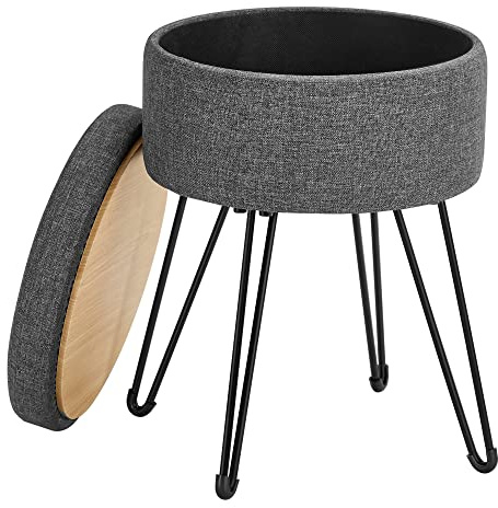 SONGMICS Runder Sitzhocker, mit Stauraum, Leinenoptik, 31 cm d, 43 cm H | Schminktisch Hocker, 4 Metallbeine, für Ankleidezimmer, Wohnzimmer, Schlafzimmer, Schiefergrau, GIANA Kollektion LOM002G01