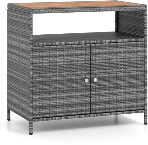 COSTWAY Gartenschrank Rattan, Terrassenschrank, Outdoor Schrank wetterfest | Sideboard mit Akazienholz-Arbeitsplatte, offenem Fach und Doppeltür, für Garten, Terrasse, Balkon, 90 x 53 x 86 cm, Grau