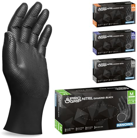 50x PROGRIP Einweghandschuhe Diamant Grip Schwarz, Nitrilhandschuhe M | Einmalhandschuhe Extra Stark, Handschuhe Einweg griffig, latexfreie Arbeitshandschuhe für Werkstatt & Montage M, L, XL, XXL