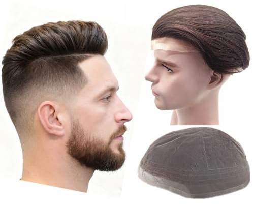 N.L.W. Echthaar Toupet für Männer, Vollspitzen Haarsystem für Männer Schweizer Spitzen Toupet Europäische Herren Toupet Echthaar 10 x 8 (#2 Tiefbraun)