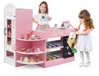 DREAMADE Kasse Kaufladen Kinder, Kaufmansladen Holz mit realistischer Kasse & Verkaufsautomat, Spiel-Supermarkt mit Zubehör & Kreidetafel, Verkaufsstand Spielzeug Set für Kinder ab 3 Jahren (Rosa)