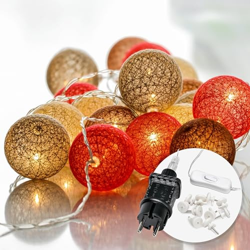 CozyHome Cotton Ball Lichterkette Kugeln Braun - 20 LED & 6m Warmweiß mit Netzstecker | Teenager Hausbett Bunt Deko Lichtergirlande Lichterkette Kinderzimmer I Kugel Mädchenzimmer Kinderlichterketten