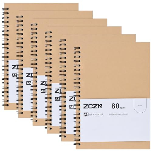 ZCZN Notizbuch A5 blanko, 6 Stück Spirale Notizblock, 60 Blatt | Spiralbindung, ideal für Künstler und Studenten
