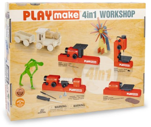 PLAYMAKE 4in1 Workshop - Kreativwerkstatt für Kinder ab 5 Jahren - Technikspielzeug für Holz und Karton - Sicheres Werkzeug für Kinder - 4 Funktionen in einem Spielzeug - Made in Austria